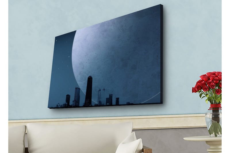 Canvastavla med LED-belysning - Storslagen måne över en stadssilhuett i skymning - Mörkblå / Grå / Svart - Inredning - Tavlor & konst - Canvastavlor