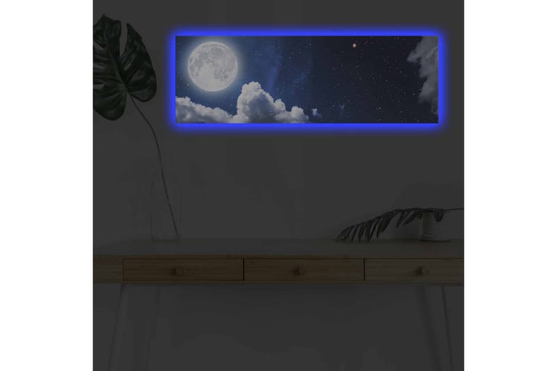 Canvastavla med LED-belysning - Storslagen måne som lyser över en stjärnklar himmel med moln, Mörkblå / Vit / Grå