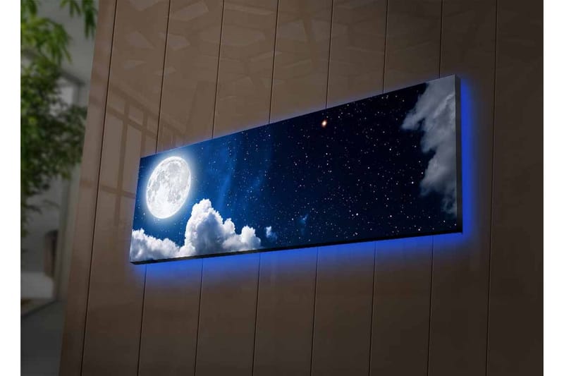 Canvastavla med LED-belysning - Storslagen måne som lyser över en stjärnklar himmel med moln - Mörkblå / Vit / Grå - Inredning - Tavlor & konst - Canvastavlor