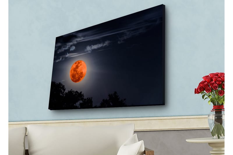 Canvastavla med LED-belysning - Storslagen måne som lyser upp natthimlen - Mörkblå / Orange / Svart - Inredning - Tavlor & konst - Canvastavlor