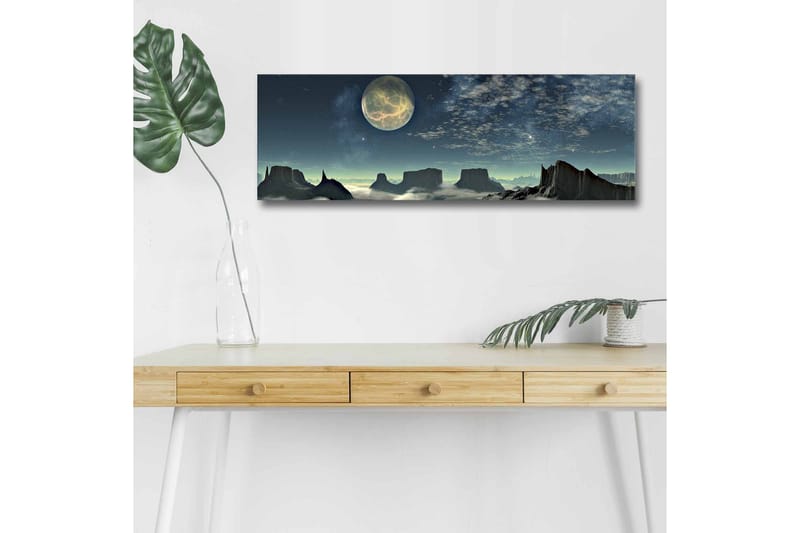 Canvastavla med LED-belysning - Storslagen nattlandskap med en stor måne och dramatiska bergformationer - Mörkblå / Grå / Svart - Inredning - Tavlor & konst - Canvastavlor