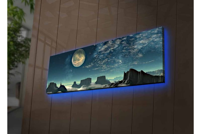 Canvastavla med LED-belysning - Storslagen nattlandskap med en stor måne och dramatiska bergformationer - Mörkblå / Grå / Svart - Inredning - Tavlor & konst - Canvastavlor