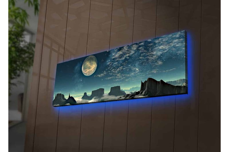Canvastavla med LED-belysning - Storslagen nattlandskap med en stor måne och dramatiska bergformationer - Mörkblå / Grå / Svart - Inredning - Tavlor & konst - Canvastavlor