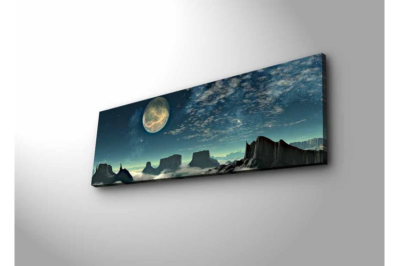 Canvastavla med LED-belysning - Storslagen nattlandskap med en stor måne och dramatiska bergformationer - Mörkblå / Grå / Svart - Inredning - Tavlor & konst - Canvastavlor