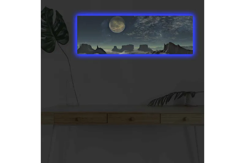 Canvastavla med LED-belysning - Storslagen nattlandskap med en stor måne och dramatiska bergformationer, Mörkblå / Grå / Svart