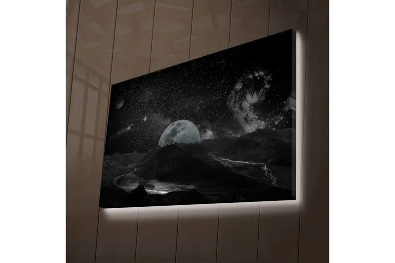 Canvastavla med LED-belysning - Storslagen rymdscen med en måne och stjärnklara himlar, Svart / Grå / Vit