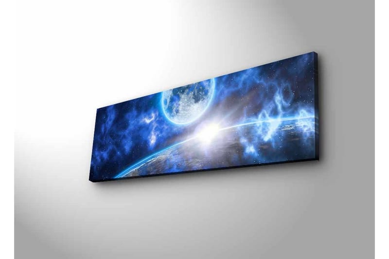 Canvastavla med LED-belysning - Storslagen rymdscen med en planet och en måne - Mörkblå / Ljusblå / Vit - Inredning - Tavlor & konst - Canvastavlor