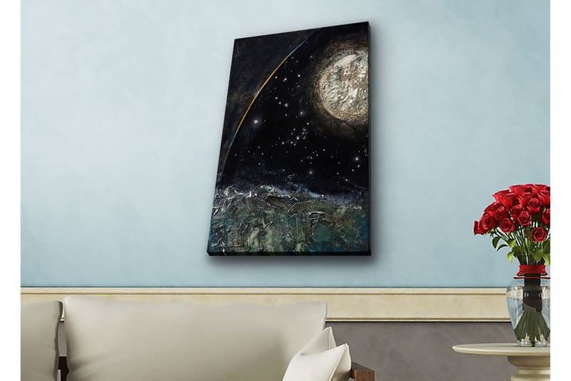 Canvastavla med LED-belysning - Storslagen rymdscen med en planet och stjärnor, Mörkblå / Grön / Vit