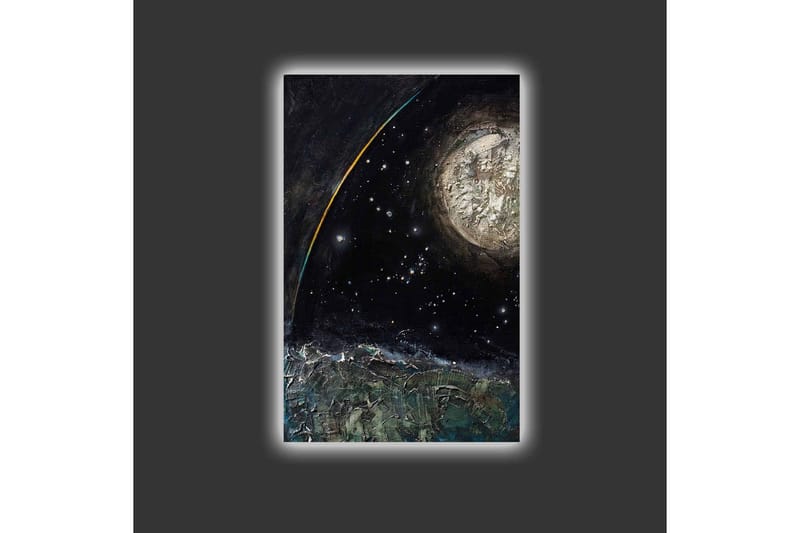 Canvastavla med LED-belysning - Storslagen rymdscen med en planet och stjärnor - Mörkblå / Grön / Vit - Inredning - Tavlor & konst - Canvastavlor