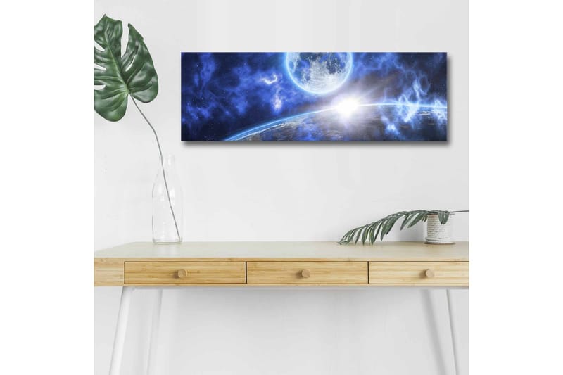 Canvastavla med LED-belysning - Storslagen rymdscen med en planet och en måne - Mörkblå / Ljusblå / Vit - Inredning - Tavlor & konst - Canvastavlor