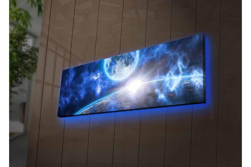 Canvastavla med LED-belysning - Storslagen rymdscen med en planet och en måne - Mörkblå / Ljusblå / Vit - Inredning - Tavlor & konst - Canvastavlor