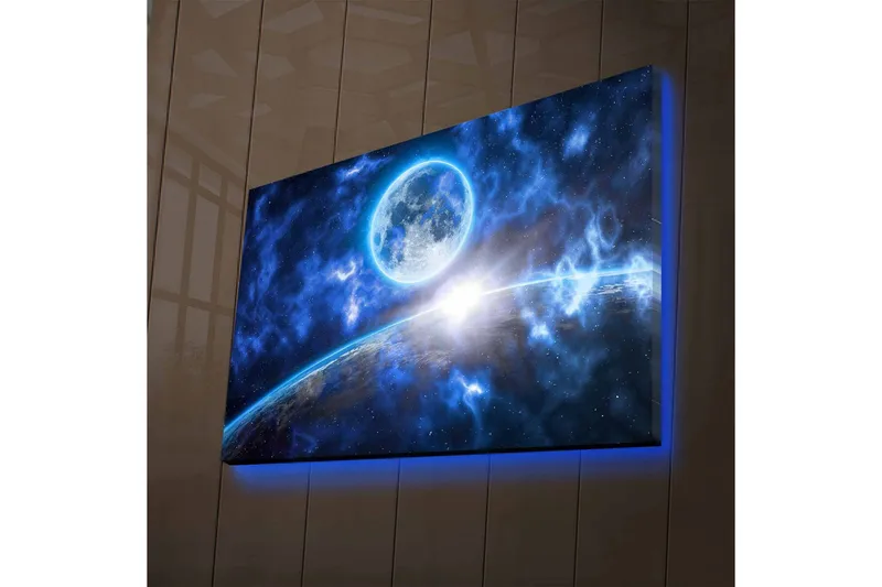 Canvastavla med LED-belysning - Storslagen rymdscen med en planet och en måne i fokus, Mörkblå / Ljusblå / Vit
