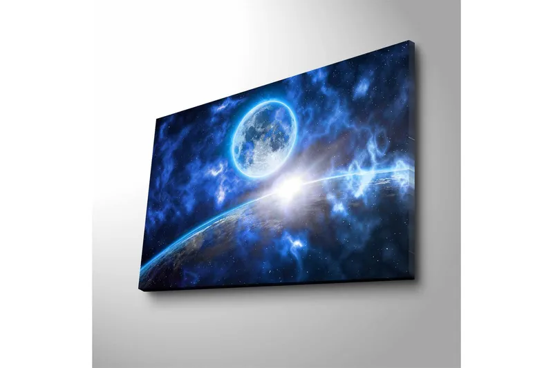 Canvastavla med LED-belysning - Storslagen rymdscen med en planet och en måne i fokus - Mörkblå / Ljusblå / Vit - Inredning - Tavlor & konst - Canvastavlor
