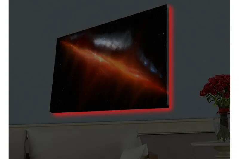 Canvastavla med LED-belysning - Storslagen rymdscen med nebulosor i varma färger, Röd / Orange / Blå