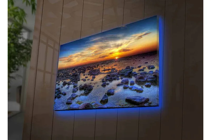 Canvastavla med LED-belysning - Storslagen solnedgång över en klippig kustlinje - Mörkblå / Orange / Ljusblå - Inredning - Tavlor & konst - Canvastavlor
