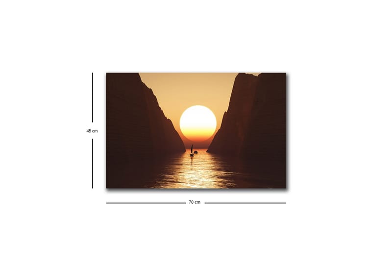Canvastavla med LED-belysning - Storslagen solnedgång över en smal fjord med en segelbåt i silhuett - Orange / Brun / Guld - Inredning - Tavlor & konst - Canvastavlor