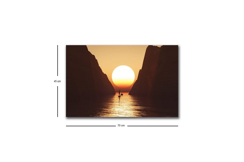 Canvastavla med LED-belysning - Storslagen solnedgång över en smal fjord med en segelbåt i silhuett - Orange / Brun / Guld - Inredning - Tavlor & konst - Canvastavlor