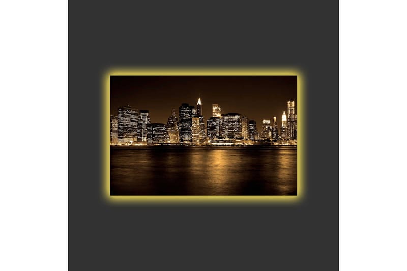Canvastavla med LED-belysning - Storslagen stadsbild av en skyline med upplysta skyskrapor - Guld / Svart / Grå - Inredning - Tavlor & konst - Canvastavlor