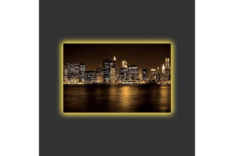 Canvastavla med LED-belysning - Storslagen stadsbild av en skyline med upplysta skyskrapor - Guld / Svart / Grå - Inredning - Tavlor & konst - Canvastavlor
