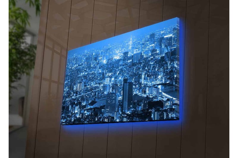 Canvastavla med LED-belysning - Storslagen stadsutsikt i nattljus - Mörkblå / Ljusblå - Inredning - Tavlor & konst - Canvastavlor