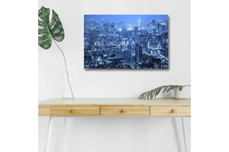 Canvastavla med LED-belysning - Storslagen stadsutsikt i nattljus, Mörkblå / Ljusblå