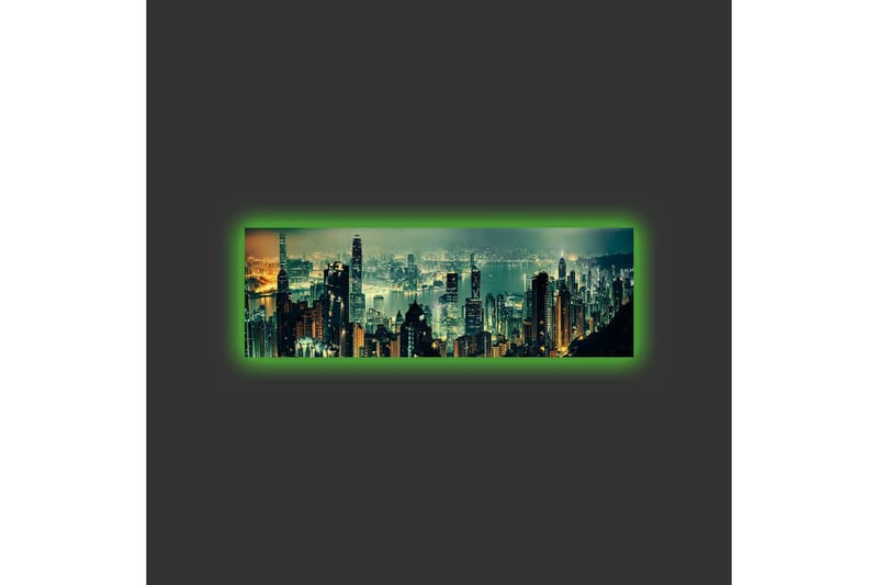 Canvastavla med LED-belysning - Storslagen stadsutsikt med skyskrapor i nattljus - Mörkgrön / Guld / Blå - Inredning - Tavlor & konst - Canvastavlor