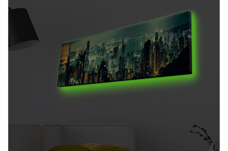Canvastavla med LED-belysning - Storslagen stadsutsikt med skyskrapor i nattljus - Mörkgrön / Guld / Blå - Inredning - Tavlor & konst - Canvastavlor