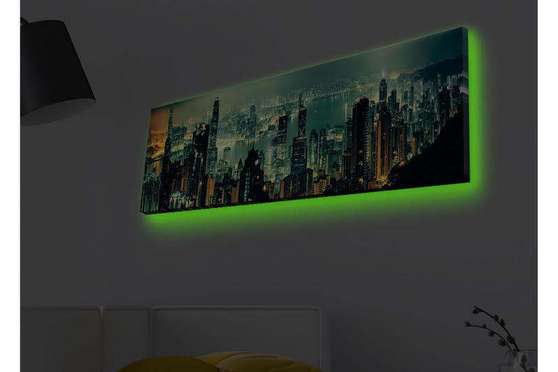 Canvastavla med LED-belysning - Storslagen stadsutsikt med skyskrapor i nattljus - Mörkgrön / Guld / Blå - Inredning - Tavlor & konst - Canvastavlor