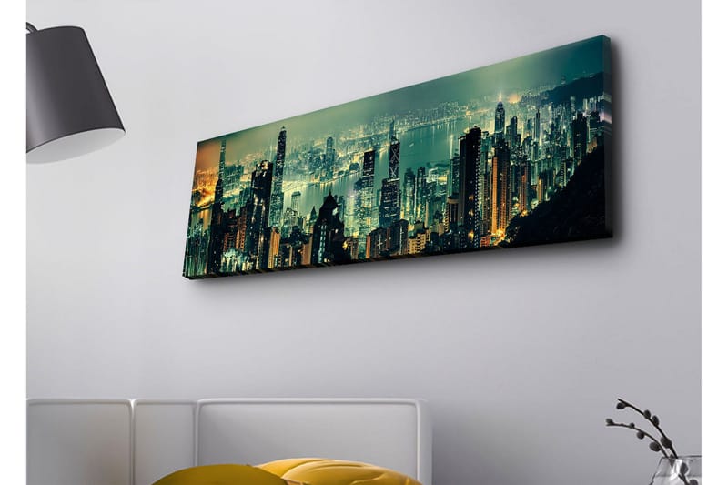 Canvastavla med LED-belysning - Storslagen stadsutsikt med skyskrapor i nattljus, Mörkgrön / Guld / Blå