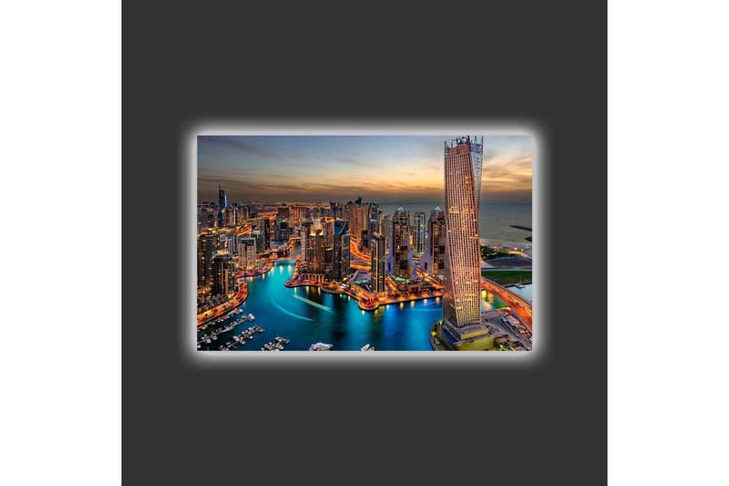 Canvastavla med LED-belysning - Storslagen vy över en modern stad med glittrande skyskrapor och en slingrande flod - Blå / Orange / Grå - Inredning - Tavlor & konst - Canvastavlor
