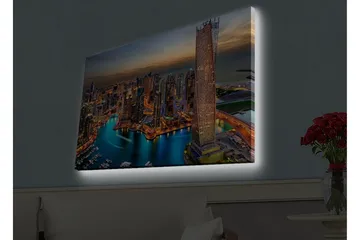 Canvastavla med LED-belysning - Storslagen vy över en modern stad med glittrande skyskrapor och en slingrande flod - Blå / Orange / Grå - Inredning - Tavlor & konst - Canvastavlor