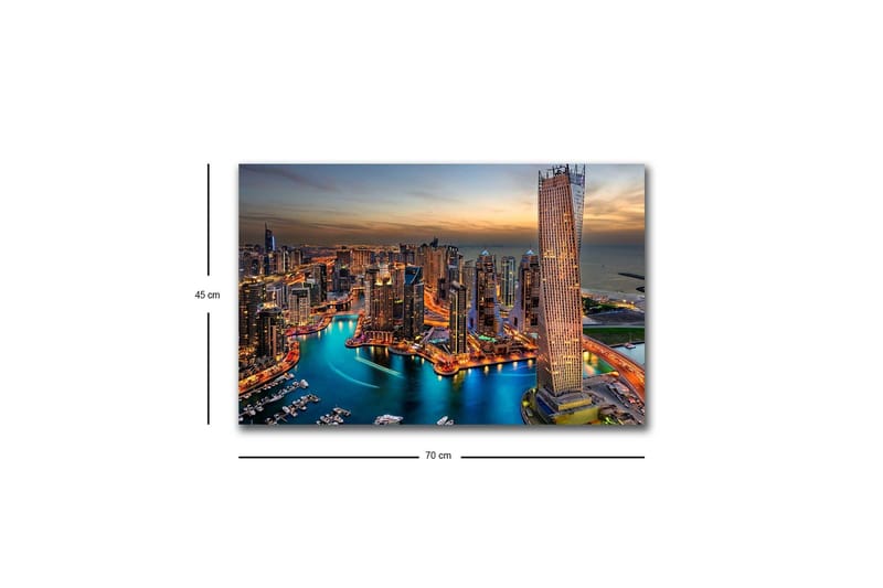Canvastavla med LED-belysning - Storslagen vy över en modern stad med glittrande skyskrapor och en slingrande flod - Blå / Orange / Grå - Inredning - Tavlor & konst - Canvastavlor