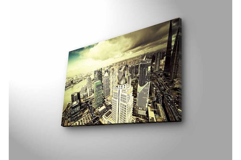 Canvastavla med LED-belysning - Storslagen vy över en stad med moderna skyskrapor - Grå / Beige / Svart - Inredning - Tavlor & konst - Canvastavlor