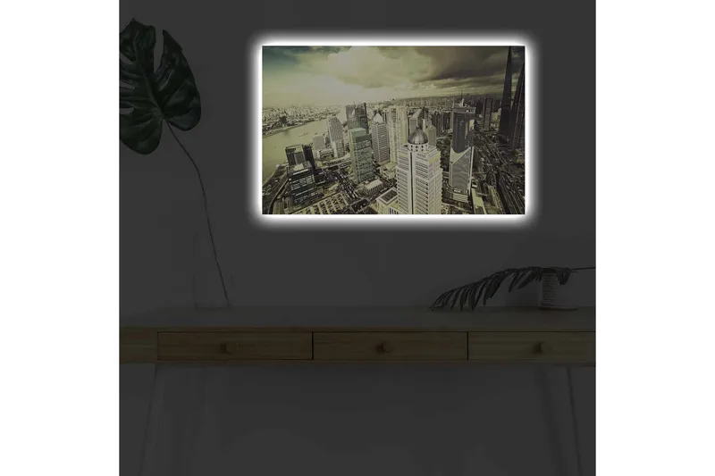 Canvastavla med LED-belysning - Storslagen vy över en stad med moderna skyskrapor, Grå / Beige / Svart