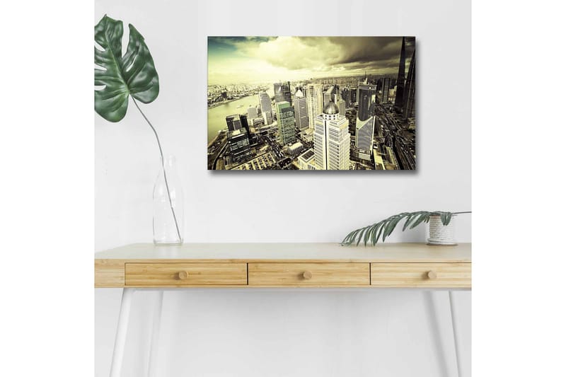 Canvastavla med LED-belysning - Storslagen vy över en stad med moderna skyskrapor - Grå / Beige / Svart - Inredning - Tavlor & konst - Canvastavlor