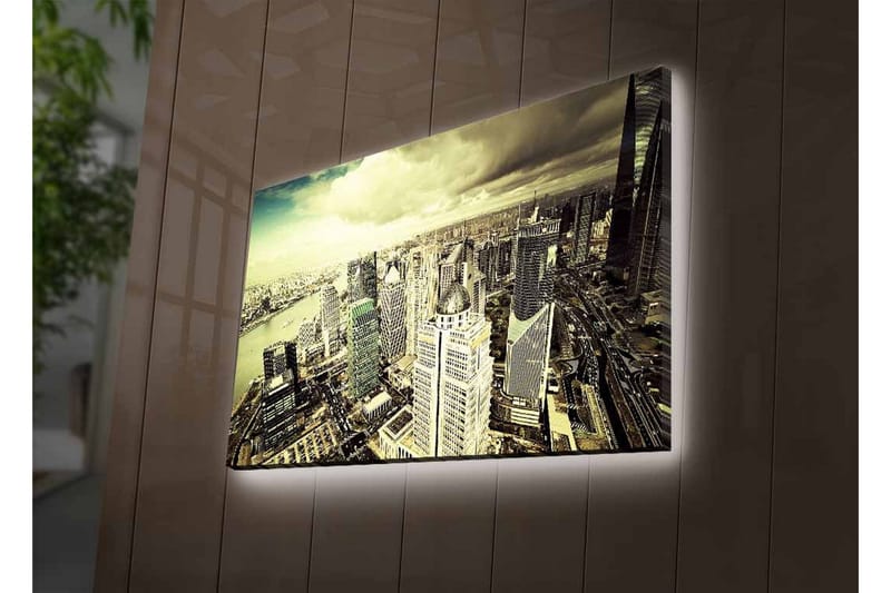 Canvastavla med LED-belysning - Storslagen vy över en stad med moderna skyskrapor - Grå / Beige / Svart - Inredning - Tavlor & konst - Canvastavlor