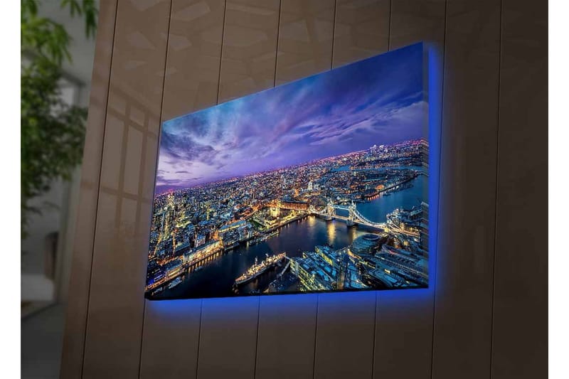 Canvastavla med LED-belysning - Storslagen vy över en stad vid skymningstid med floder och broar - Mörkblå / Lila / Gyllene - Inredning - Tavlor & konst - Canvastavlor