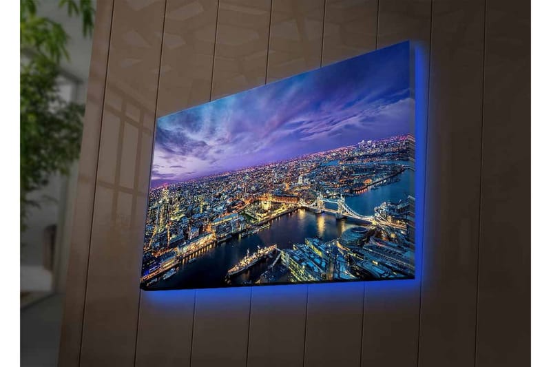 Canvastavla med LED-belysning - Storslagen vy över en stad vid skymningstid med floder och broar - Mörkblå / Lila / Gyllene - Inredning - Tavlor & konst - Canvastavlor