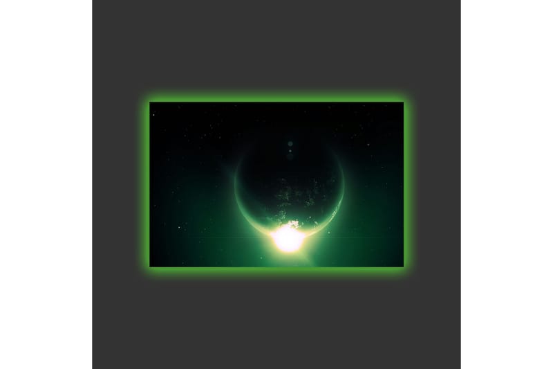 Canvastavla med LED-belysning - Storslagen planet med ljusstrålar som sträcker sig ut i rymden - Mörkgrön / Svart / Ljusgrön - Inredning - Tavlor & konst - Canvastavlor