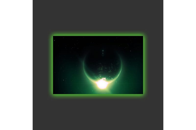 Canvastavla med LED-belysning - Storslagen planet med ljusstrålar som sträcker sig ut i rymden - Mörkgrön / Svart / Ljusgrön - Inredning - Tavlor & konst - Canvastavlor