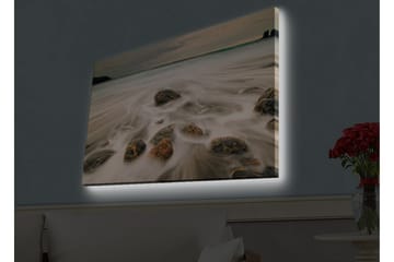 Canvastavla med LED-belysning - Strandscen med mjuka vågor som omsluter stenar - Grå / Beige / Svart - Inredning - Tavlor & konst - Canvastavlor