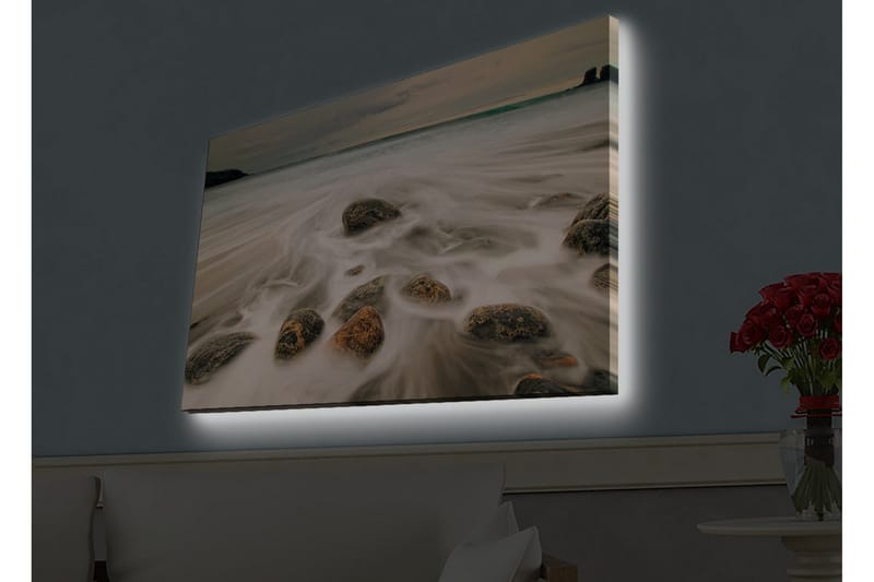 Canvastavla med LED-belysning - Strandscen med mjuka vågor som omsluter stenar - Grå / Beige / Svart - Inredning - Tavlor & konst - Canvastavlor