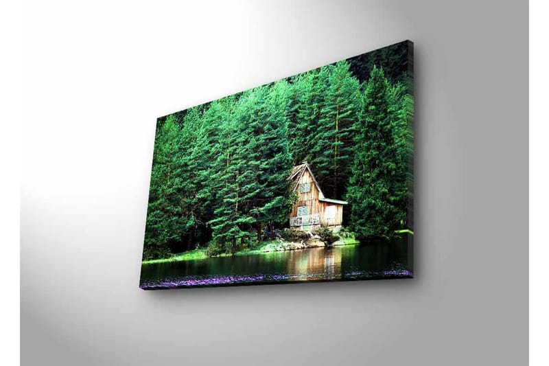 Canvastavla med LED-belysning - Stuga vid en spegelblanka sjö omgiven av tät grönska - Grön / Brun / Blå - Inredning - Tavlor & konst - Canvastavlor