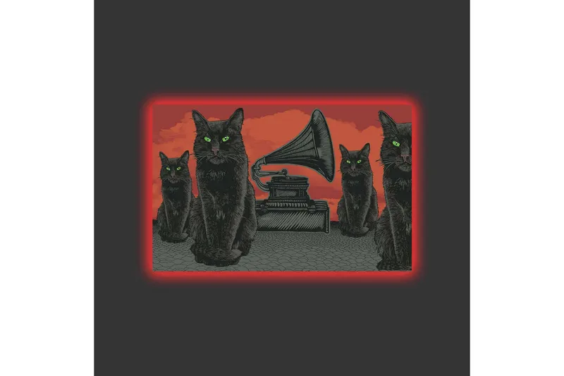 Canvastavla med LED-belysning - Svart katt med gröna ögon framför en grammofon på en röd bakgrund - Svart / Röd / Grön - Inredning - Tavlor & konst - Canvastavlor