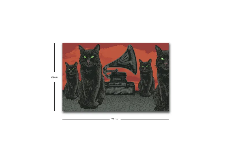 Canvastavla med LED-belysning - Svart katt med gröna ögon framför en grammofon på en röd bakgrund - Svart / Röd / Grön - Inredning - Tavlor & konst - Canvastavlor