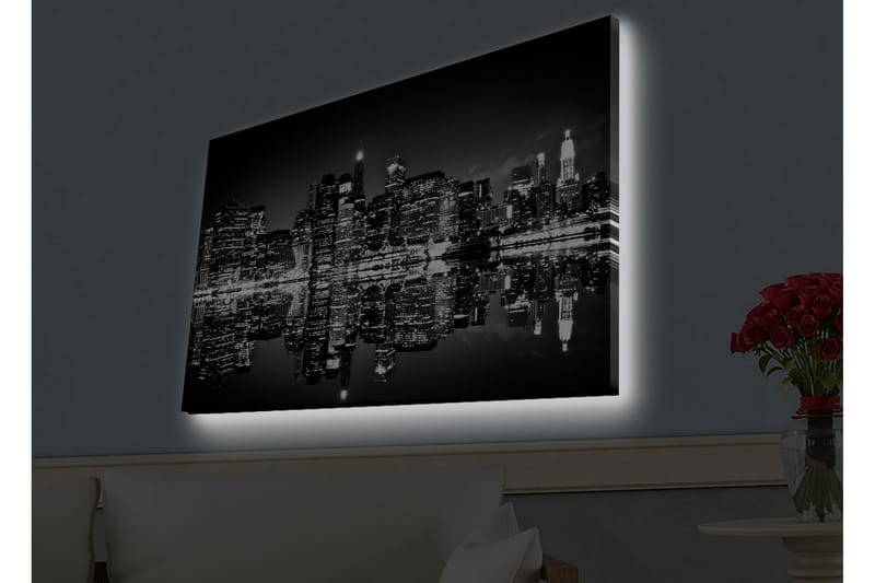 Canvastavla med LED-belysning - Svartvit stadssilhuett med reflektioner i vattenytan - Svart / Vitt / Grått - Inredning - Tavlor & konst - Canvastavlor