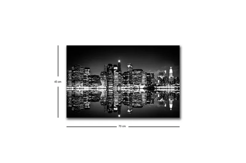 Canvastavla med LED-belysning - Svartvit stadssilhuett med reflektioner i vattenytan - Svart / Vitt / Grått - Inredning - Tavlor & konst - Canvastavlor