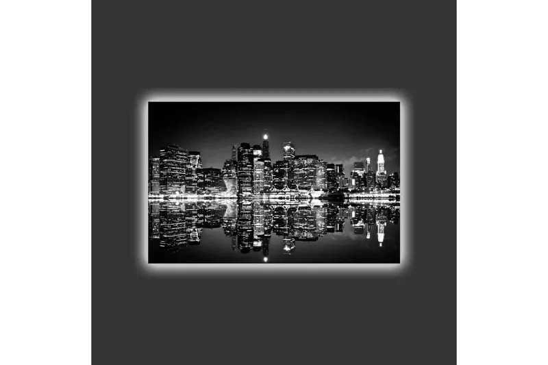 Canvastavla med LED-belysning - Svartvit stadssilhuett med reflektioner i vattenytan - Svart / Vitt / Grått - Inredning - Tavlor & konst - Canvastavlor