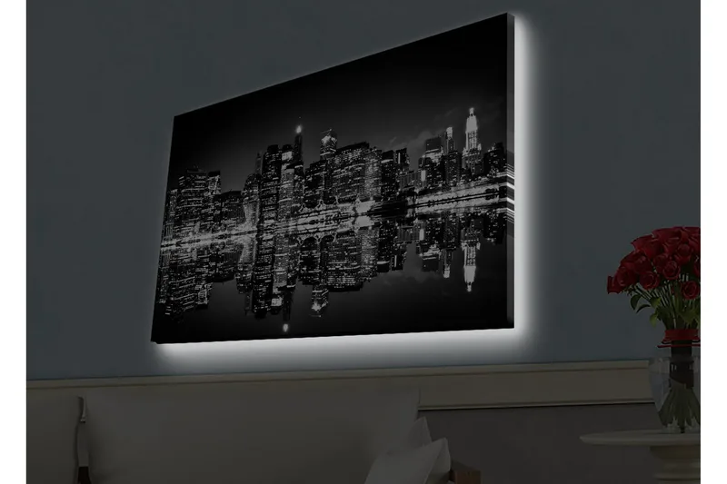 Canvastavla med LED-belysning - Svartvit stadssilhuett med reflektioner i vattenytan - Svart / Vitt / Grått - Inredning - Tavlor & konst - Canvastavlor