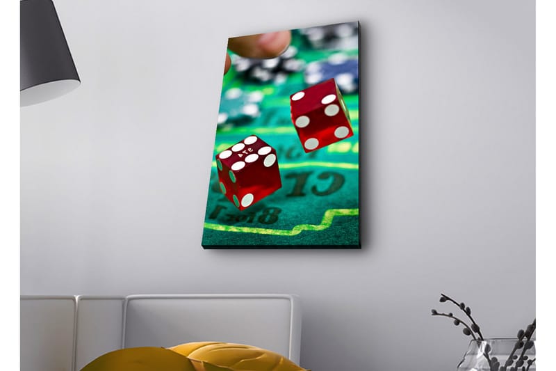 Canvastavla med LED-belysning - Tärningar som kastas på en grön spelplan - Röd / Grön / Svart - Inredning - Tavlor & konst - Canvastavlor
